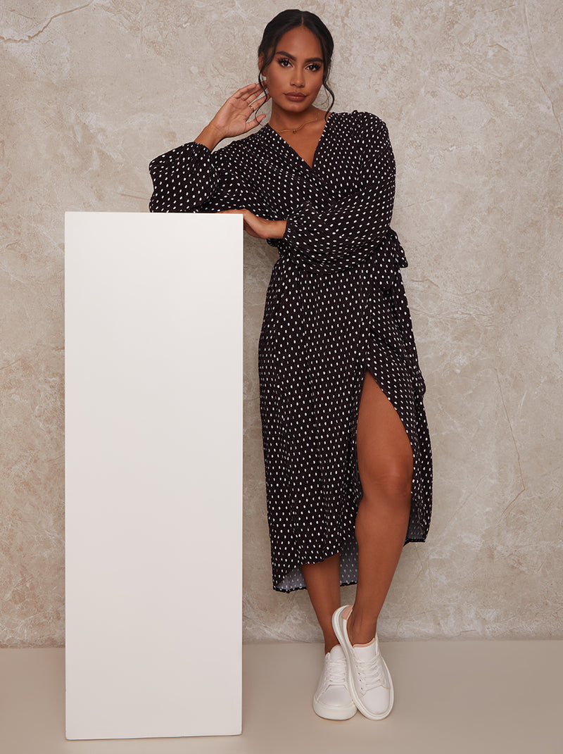 Long Sleeve Polka Dot Midi Wrap Dress ...